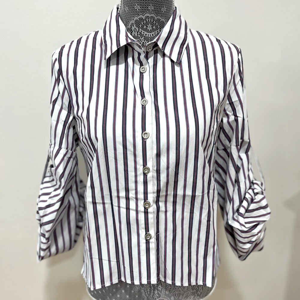 White Button Down Shirt with red and blue stripes M